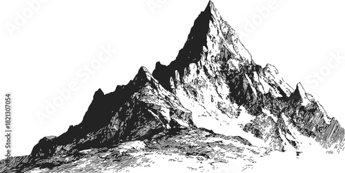 Mountain peak sketch, hand drawn vector, rugged rocky summit with detailed shading. Vector illustration