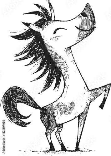 Horse sketch hand drawn playful cartoon character with raised leg and smiling face. Vector illustration