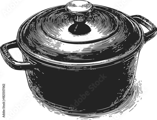 Cast iron pot sketch, hand drawn style with lid and side handles. Vector illustration
