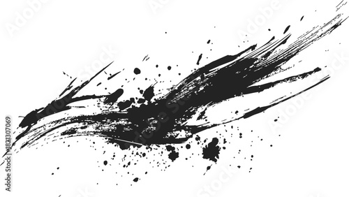 Black ink splatter sketch, hand drawn abstract brush stroke with scattered drops. Vector illustration