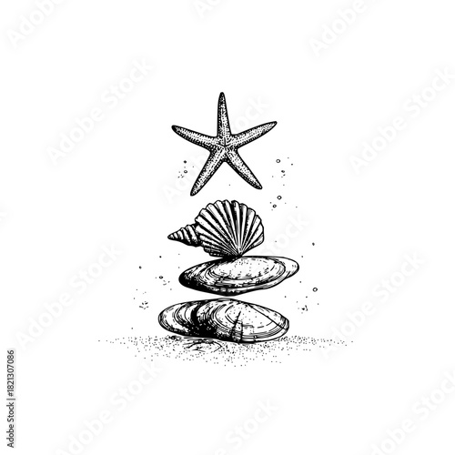 Illustration of a starfish above stacked seashells and clams on a sandy surface in black and white