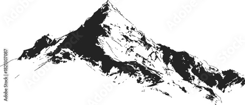Mountain peak sketch, hand drawn vector, rugged snow-covered summit with bold black shading. Vector illustration