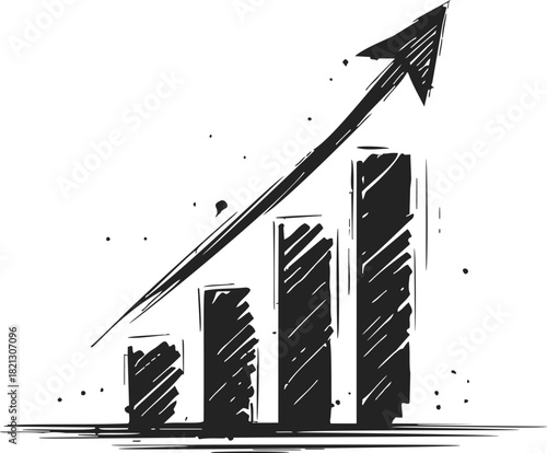 Bar chart sketch with upward arrow, hand drawn style, representing growth or success. Vector illustration