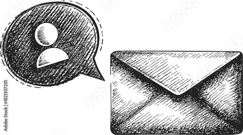 Envelope and user icon sketch, hand drawn communication concept. Vector illustration