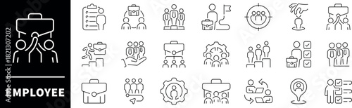 Employee icons set. Employee thin line icon collection. Work, job, coworker, business, teamwork, employee related icons. Editable stroke vector icons