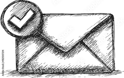 Envelope hand drawn sketch with check mark symbol, confirmation email concept. Vector illustration