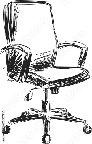 Office chair sketch, hand drawn vector, ergonomic swivel seat with armrests on wheels. Vector illustration