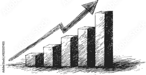 Bar chart sketch hand drawn with upward arrow showing growth trend. Vector illustration