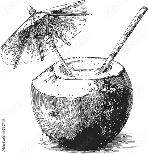 Coconut drink sketch with straw and cocktail umbrella, hand drawn tropical beverage. Vector illustration