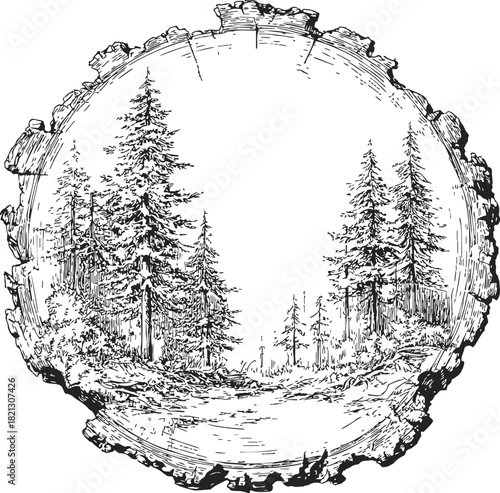 Tree trunk cross section sketch with pine forest landscape inside, hand drawn style. Vector illustration