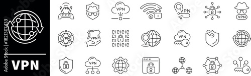 VPN icon set. Virtual private network, VPN thin line vector icons. Internet privacy related icons. Secure connection, cybersecurity, privacy, encrypted, proxy, firewall, online protection