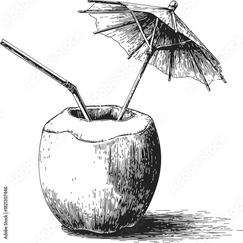 Coconut drink sketch with straw and cocktail umbrella, hand drawn tropical beverage. Vector illustration