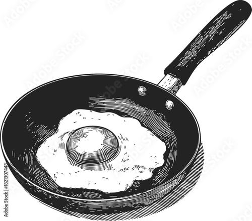 Fried egg sketch in frying pan, hand drawn style, detailed kitchen utensil scene. Vector illustration