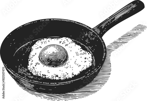 Fried egg in frying pan, sketch hand drawn style, simple breakfast scene. Vector illustration