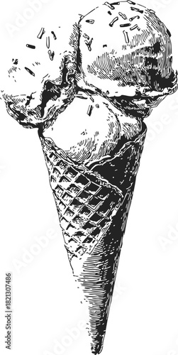 Ice cream cone sketch, hand drawn style with three scoops and sprinkles. Vector illustration