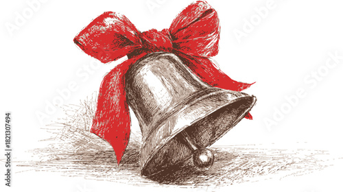Christmas bell sketch with large red bow, hand drawn festive holiday decoration. Vector illustration