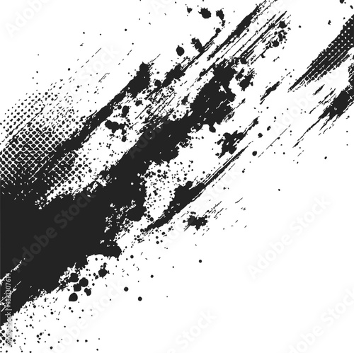 Black ink splatter sketch with dynamic diagonal brush strokes and scattered drops. Vector illustration
