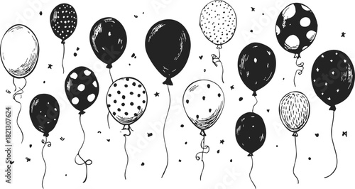 Balloons sketch hand drawn black and white with polka dots and confetti. Vector illustration