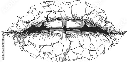 Chapped lips sketch, hand drawn cracked dry mouth closeup. Vector illustration