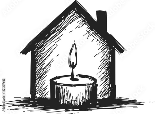 Candle in house sketch, hand drawn vector, rustic home interior with burning candle. Vector illustration