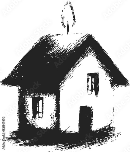 House with candle flame on roof, sketch hand drawn style, simple black and white. Vector illustration