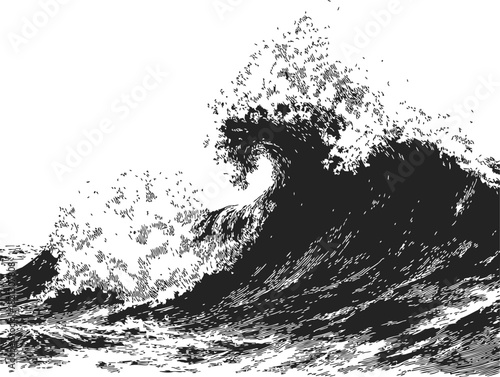 Ocean wave sketch, hand drawn style, dramatic cresting sea wave with splashing foam. Vector illustration