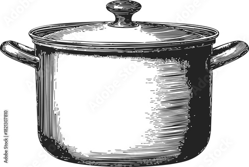 Cooking pot, hand drawn sketch with lid and handles. Vector illustration