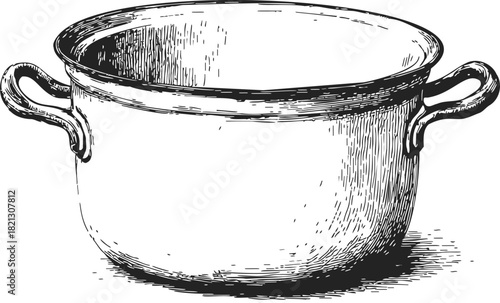 Cooking pot sketch, hand drawn style with detailed handles and shading. Vector illustration