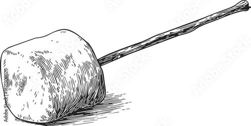 Marshmallow on stick sketch, hand drawn rustic style campfire treat. Vector illustration