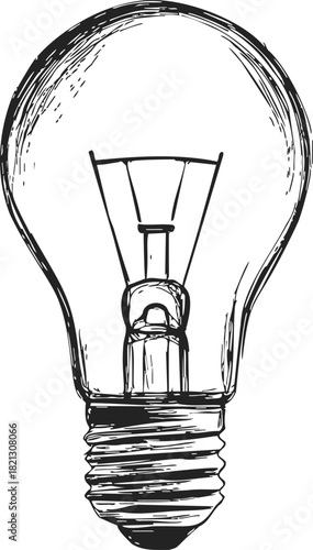 Light bulb, hand drawn sketch with detailed filament and threaded base. Vector illustration
