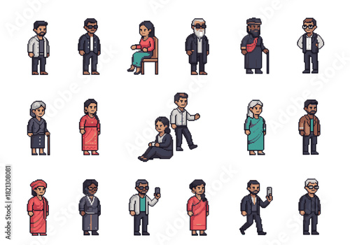 Diverse pixel art illustrations of various people in different poses, showcasing cultural and lifestyle diversity
