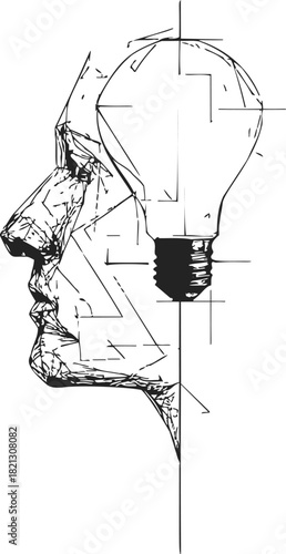 Human head profile sketch combined with light bulb, abstract conceptual art. Vector illustration