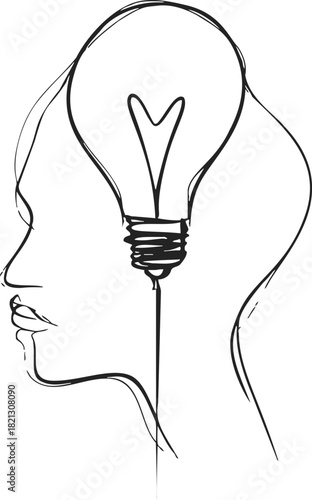 Human head profile with light bulb, sketch hand drawn, symbolizing creative thinking. Vector illustration
