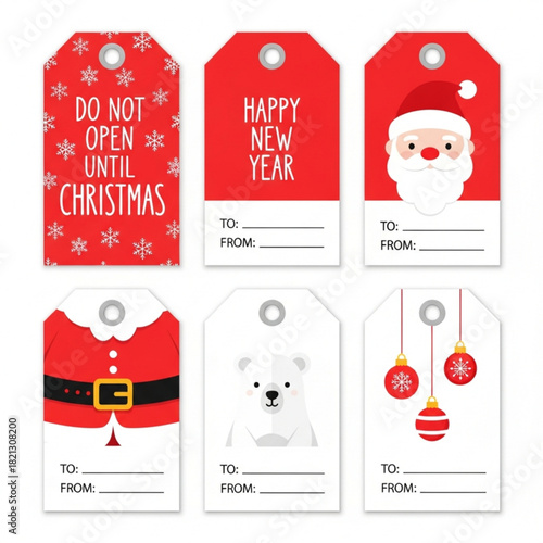Set of six festive Christmas and New Year gift tags with Santa, polar bear, and snowflake designs