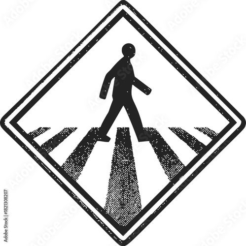 Pedestrian crossing sign sketch, hand drawn vector, person walking on crosswalk in diamond shape. Vector illustration