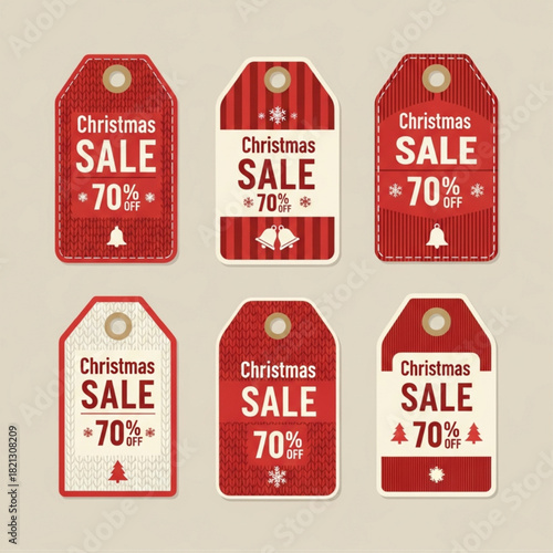 Six Christmas Sale 70% Off Price Tags Vector Collection