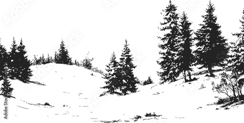 Pine trees, hand drawn sketch, winter landscape with snow-covered hills. Vector illustration