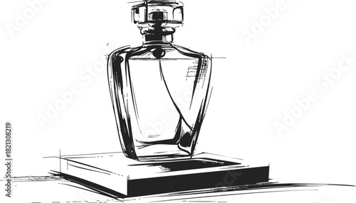Perfume bottle sketch hand drawn on display stand, elegant minimalist style. Vector illustration