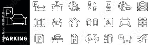 Car parking vector icons set. Car parking icons. Outline parking icons collection. Parking space signs. Parking area symbols.