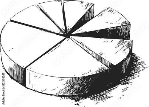 Pie chart sketch hand drawn with shaded segments and perspective view. Vector illustration