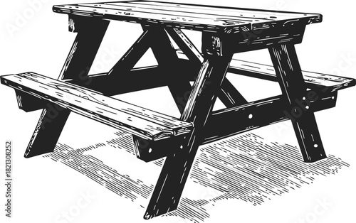 Picnic table sketch, hand drawn wooden outdoor bench and table set. Vector illustration