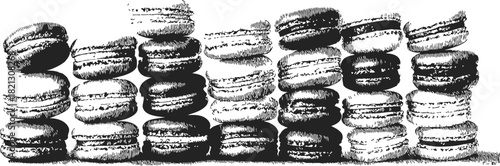 Macarons sketch hand drawn stacked in rows, monochrome detailed dessert illustration. Vector illustration