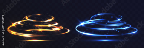 Luminous vortex rings in gold and blue swirling with sparkling particles, creating a fast, luxurious, magical energy spiral on a dark transparent background.
