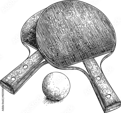 Table tennis paddles and ball sketch, hand drawn vintage style sports equipment. Vector illustration
