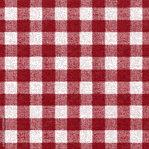 Red and white checkered pattern sketch, hand drawn gingham textile seamless background. Vector illustration