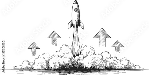 Rocket launch sketch, hand drawn line art with upward arrows and smoke clouds. Vector illustration
