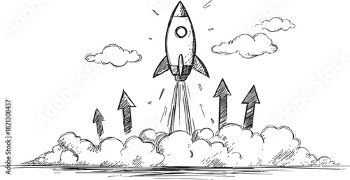 Rocket launch sketch, hand drawn vector with clouds, arrows, and smoke. Vector illustration
