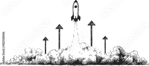 Rocket launch sketch with smoke and upward arrows, hand drawn style. Vector illustration