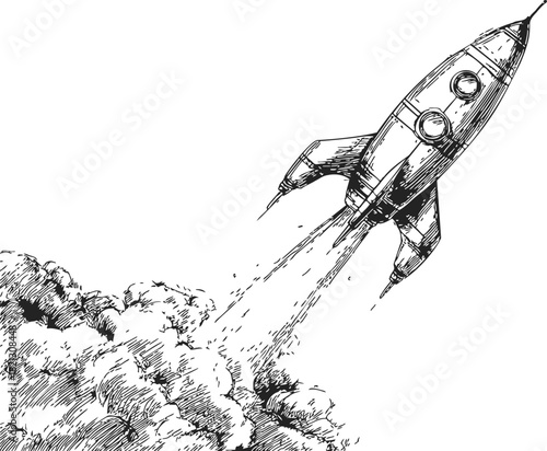 Rocket ship sketch hand drawn blasting off with smoke clouds. Vector illustration