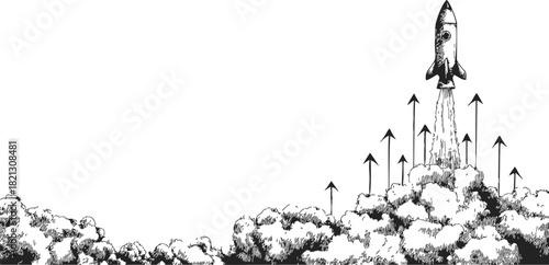Rocket launch, hand drawn sketch with upward arrows and clouds. Vector illustration